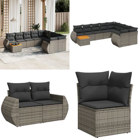 10-tlg. Garten-Sofagarnitur mit Kissen Grau Poly Rattan - Gartenmöbel - Sofas - Outdoor Möbel - Rattan Möbel - Esszimmergarnituren - Home & Living (1/5)