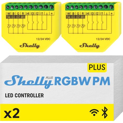 SHELLY PLUS RGBW PM - MODULE CONTRÔLEUR WI-FI RGBW POUR BANDES LED - 12-24 VDC, MESURE DE CONSOMMATION ÉLECTRIQUE, AUCUN HUB REQ