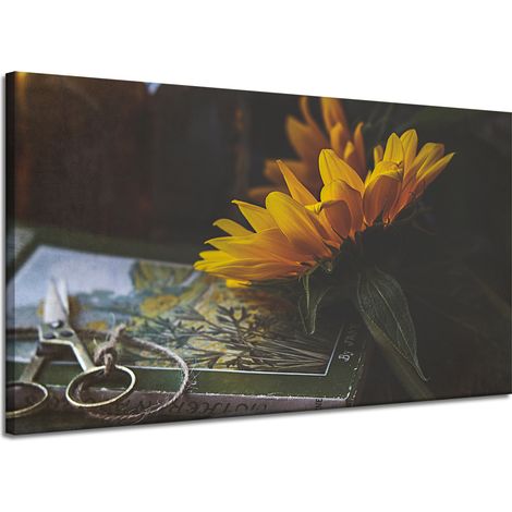 Leinwanddruck Sonnenblume und Buch 120x70 cm
