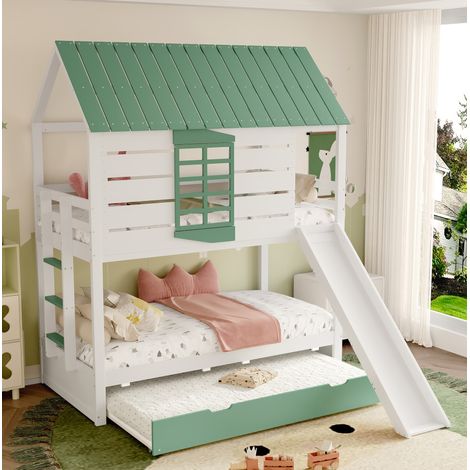 Lit superposé 90x200 cm avec toboggan, garde-corps, toit et fenêtre, en bois, blanc et vert, sans matelas (1/5)