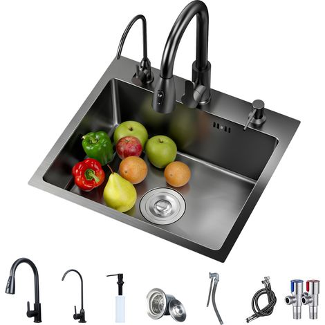 FIANAO – Küchenspüle – Einbau-Edelstahl Einzelbecken, mit Wasserhahn, ölbeständig, kratzfest, verstopfungshemmend, Schwarz – Maße: 50 × 45 × 20 cm (1/5)