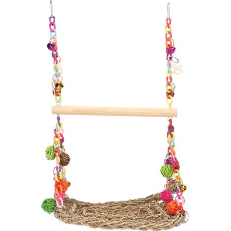 Balançoire en jonc de mer pour oiseaux, boules de rotin colorées, hamac double couche avec perchoir en bois pour perroquets et oiseaux de compagnie (1/5)