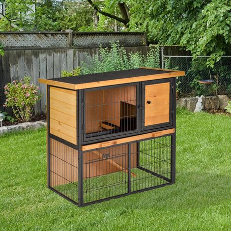 PawHut Clapier à lapin cage à lapin 2 niveaux 3 portes verrouillables rampe toit ouvrant bitûmé métal époxy pin pré-huilé
