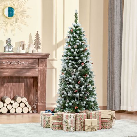 Árbol de Navidad Artificial de 150cm 408 Ramas Bayas y Piñas Puntas Nevadas Decoración Navideña de Interior Verde (1/5)