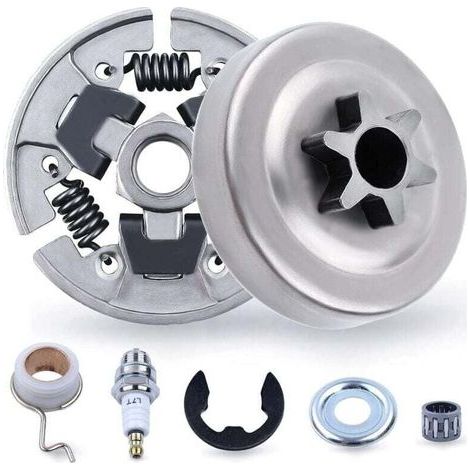 3/8"-Kettenrad- und Kupplungssatz für STIHL 017 018 MS170 MS180 021 023 025 MS210 MS230 MS250, Kettenrad + Kupplungstrommel + Lager + Unterlegscheibe + E-Klemme + 7-in-1-Zündkerze (1/4)