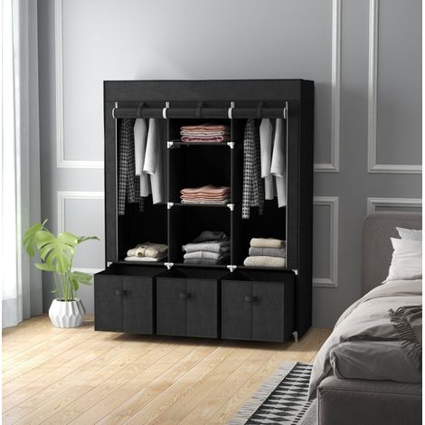 Schwarzer Vliesstoff-Kleiderschrank mit 3 Schubladen, 125 x 43 x 162,5 cm (1/5)