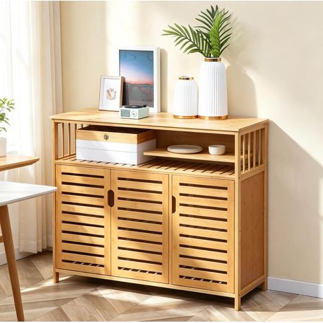 Credenza in bambù naturale con ante a lamelle e ripiano aperto, 100 x 35 x 82 cm (1/5)