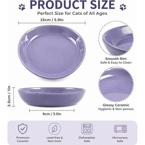 Set of Ceramic Cat Bowls - Flat Large Bowls for Cats and Kittens, Anti-Fatigue Moustaches, Water and Food Bowl for (Ø15cm) (1/4)