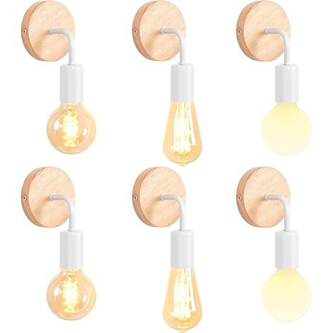 Lot de 6 Applique Murale Interieur Industrielle LED Lampe Murale Vintage en Bois Métal E27 Luminaire Applique Rétro pour Salon Chambre à Coucher Couloir Salle de Bain (Type A, Blanc, 6 Pack) (1/5)