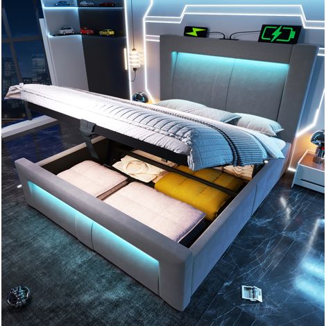 lit adulte 90x200 rangement LED velours gris OKMYHOME (1/5)