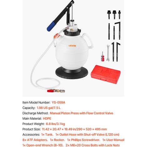 VEVOR Transmission Fluid Pump, 7.5 L Capacity, Manual ATF Refill Kit Fluid Transfer Pump with 8 ATF Adapters & 120cm Outlet Horse, Oil Extractor Dispenser with HDPE Tank for Cars, Lawn Mowers (1/4)