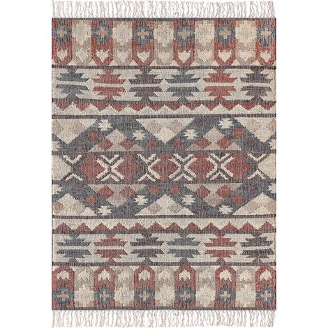 Alfombra de yute beige marrón rojo azul 140 x 200 cm a mano geométrico borlas Kalfa