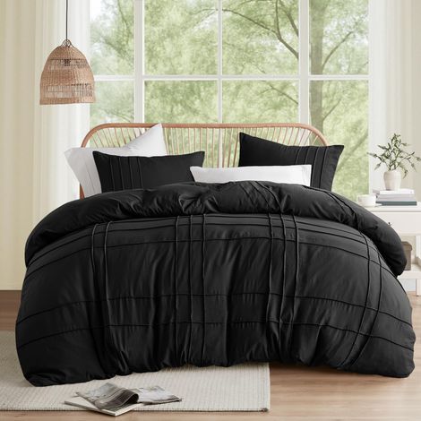 Parure de lit 3 pièces à Plis plissés pour Toutes Les Saisons en Microfibre prélavée – Housse de Couette légère et Extra Douce pour très Grand lit, Noir (1/5)
