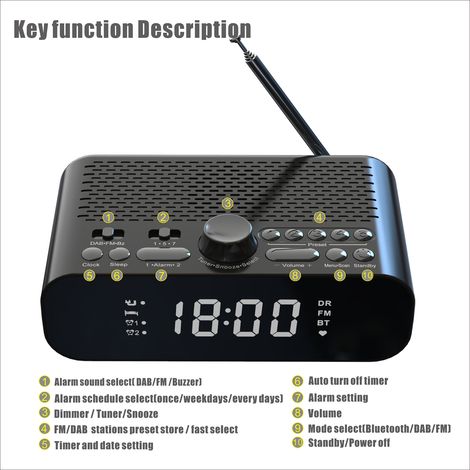 Jeffergarden Radio-réveil numérique DAB/FM de chevet avec streaming BT, grand écran LED, double alarme, batterie rechargeable longue durée, haut-parleur de graves Hi-Fi (1/5)