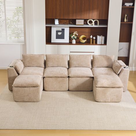 Sofá modular de 4 plazas con 2 pufs, portavasos, bolsillos laterales, chenilla caqui OKMYHOME (1/5)