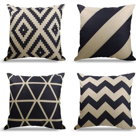 Lot de 4 Housse de Coussin Canapé Taie d'oreiller Decoration Canapé Housses de Coussin en Lin d'extérieur Housse de Coussin Décoration pour Chambre, canapé, Lit,Jardin (Black-beige, 45x45cm) (1/5)