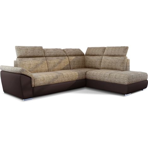 Canapé d'angle convertible en bi-matière KEPITA - Appuis-tête réglables et rangement-Marron/Beige chiné-angle droit (1/5)