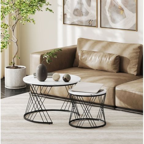 Set di 2 tavolini bassi rotondi 70x70x46,5 cm legno bianco effetto marmo FloraGrace (1/5)