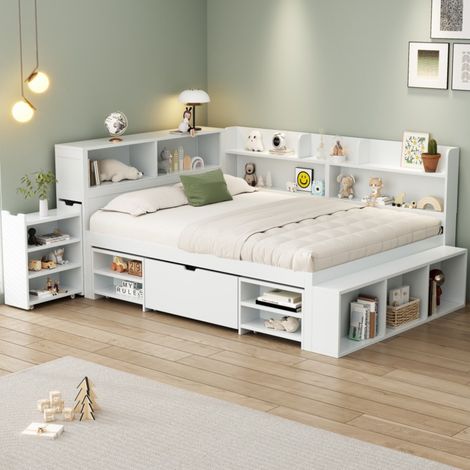 Cama infantil 140/200 cm blanca de madera contrachapada con almacenaje y estantería (1/5)