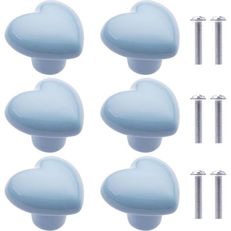 6Pcs Boutons de Placard en Céramique Boutons de Tiroir de Placard en Céramique en Forme de Cœur Poignées pour Armoires de Cuisine de Bibliothèque (Bleu Clair) (1/5)
