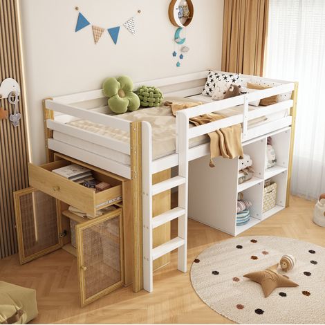 Cama infantil semialta 90x200 cm - Con 2 armarios de almacenaje y escalera - En madera - Blanco y natural - Sin colchón (1/5)