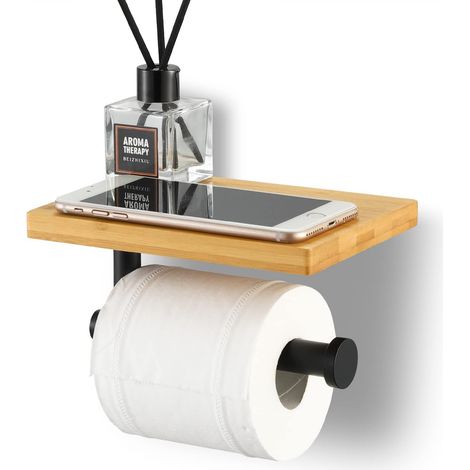 Porte-papier toilette avec étagère en bambou, support mural en acier inoxydable noir mat, BPH220BA-BK (sans souffle) - Ineasicer