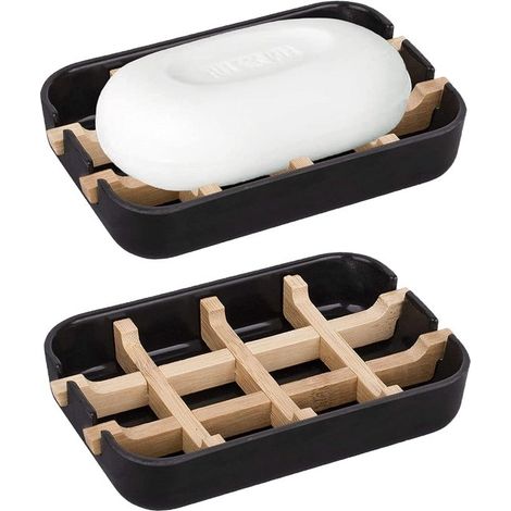 Paquete de dos jaboneras extraíbles de fibra de bambú, 13 x 7,9 x 2,4 cm, baño y bar, Jabonera biodegradable de fibra de bambú, Color negro (1/5)