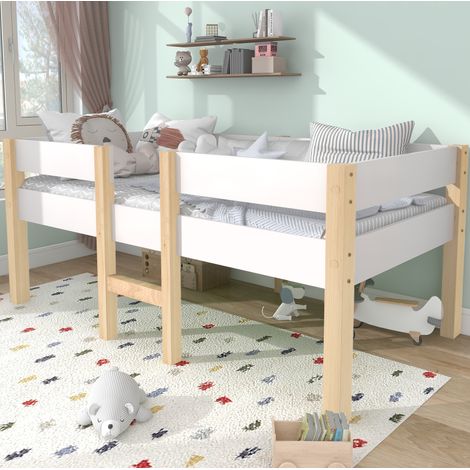 Cama infantil semialta con barrera y escalera blanca OKMYHOME (1/5)
