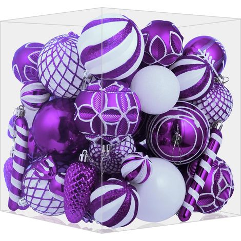 Set 63 Palline Natale Indistruttibili Decorative Viola Bianche (1/5)