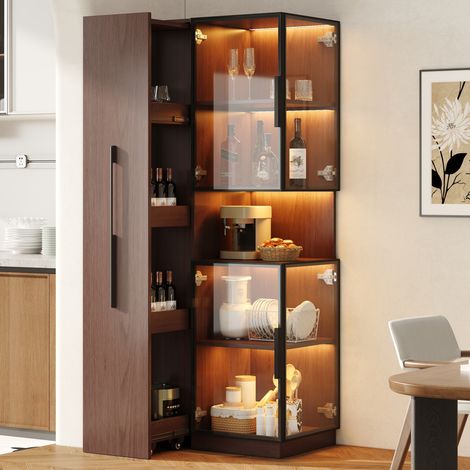 Vetrina 70x38x160 cm, ripiani laterali estraibili, LED multicolore, MDF e vetro, marrone noce (1/5)