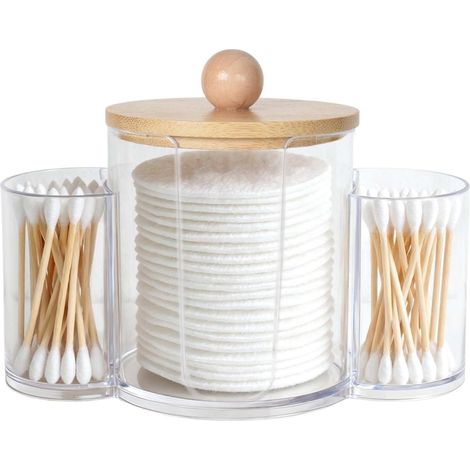 1 Distributeur Coton-Tige, Compartiments Multiples, Couvercle Bambou, Plastique Transparent, Salle de Bain