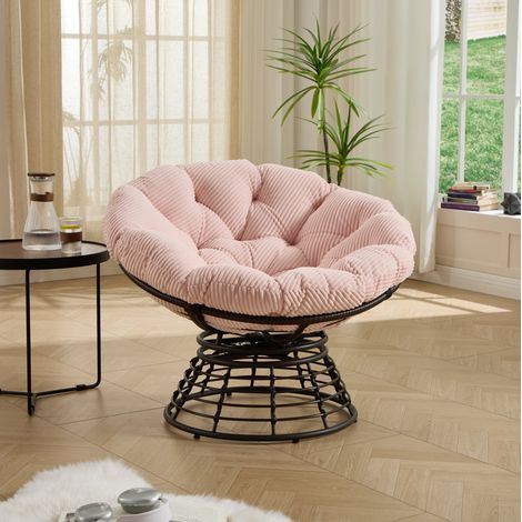 Fauteuil Papasan rotatif 92x92x67 cm acier et rotin PE brun, coussin rose, pour lecture – MEUBLIV (1/5)