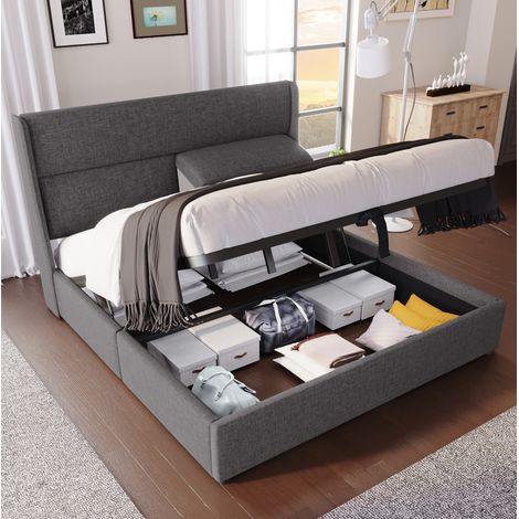 Bett Doppelbett Stauraum 160x200 Leinen grau OKMYHOME (1/5)