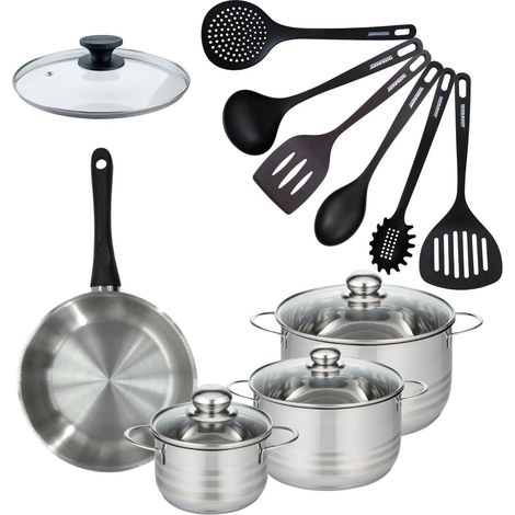 Set de 1 poêle 24 cm en inox, couvercle verre, 3 faitouts inox 16, 20 et 24 cm et 6 ustensiles RPET Fackelmann Geneva (1/5)
