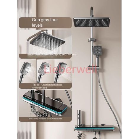 ranzai Grey Complete Shower Set with Piano Buttons and Ambient Light, Digital Display, Rain Shower and Handheld Shower Head, Brass, Adjustable Height (1/5)