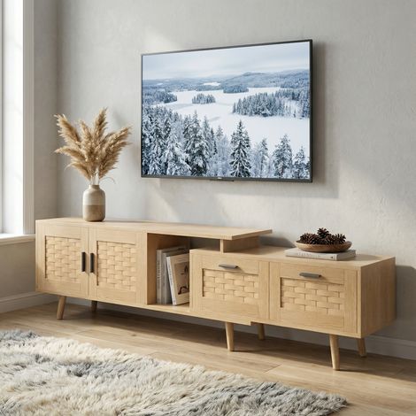 Mobile TV in rattan 180 Estensibile (146–180 cm), Panca TV con 2 Ante e 2 Cassetti, per TV fino a 75", Effetto Rattan e Legno, Design Scandinavo Minimalista (146–180 cm, Colore Rovere)