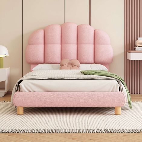 Lit enfant 90x200 cm rembourré rose en tissu bouclé, lit simple avec tête de lit arrondie, sommier à lattes inclus, structure MDF (1/5)