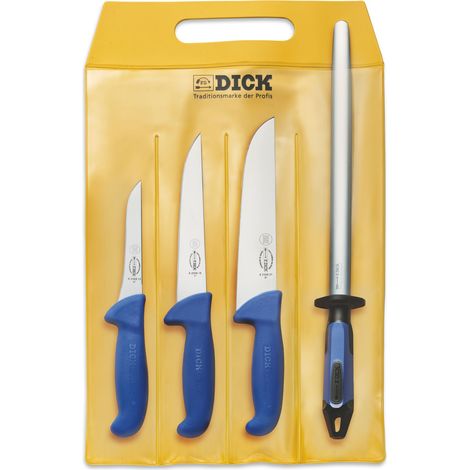 Set de 4 couteaux de boucher ErgoGrip – 3 couteaux (13/18/21 cm) + fusil à aiguiser – Lame en X55CrMo14 – HRC 56° pour tranchant durable – F. Dick