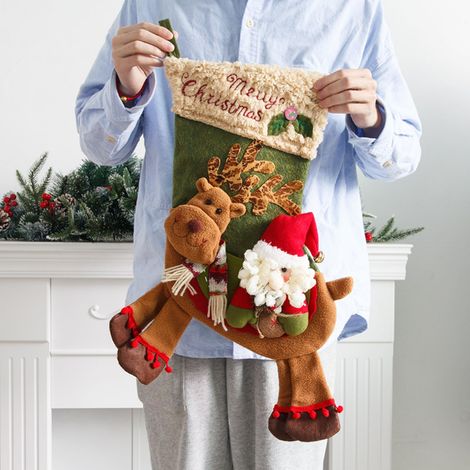 Lot de 2 chaussettes de Noël, taille 42 cm : Père Noël/bonhomme de neige sur un renne, décoration de chaussette de Noël à suspendre au sapin, pour les fêtes de famille et les soirées de Noël. (1/2)