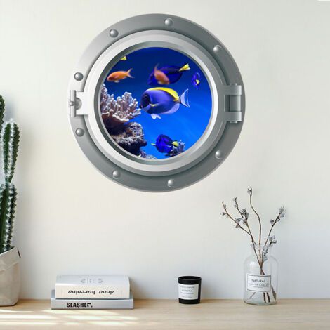 QORVA-Lot de 2 stickers muraux 35x35cm, 3D hublot tortues sous-marines dauphins stickers muraux chambre d'enfant nurserie salle de bain