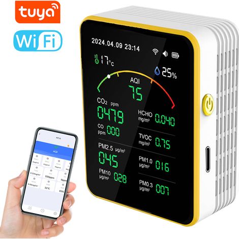 Détecteur de qualité de l'air Tuya WiFi 15 en 1 Portable AQI PM0.3 PM1.0 PM2.5 PM10 CO CO2 TVOC HCHO Testeur Écran TFT Testeur de température et d'humidité multifonctionnel Horloge polyvalente (1/5)