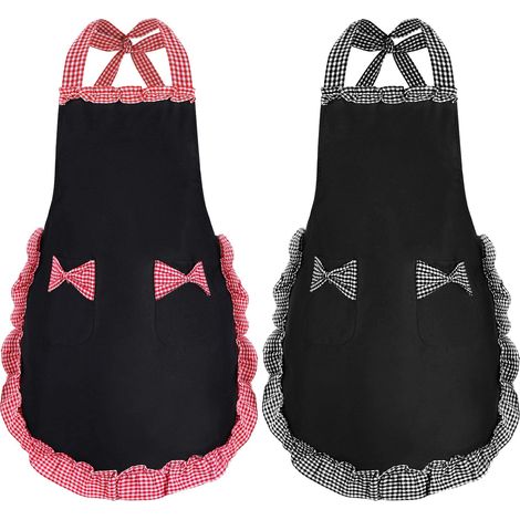 2 Pièces Tablier de Cuisine Femme Vintage Style Imperméable avec 2 Poches Mignon Tablier de Chef Réglable Tablier Retro Pour (1/4)