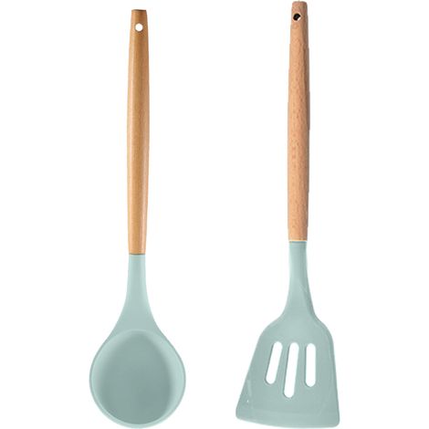 Ensemble Ustensiles Cuisine Silicone Et Bois - Resistante Chaleur Pour Casseroles Antiadhesives - Lot De 2 Pieces (1/5)