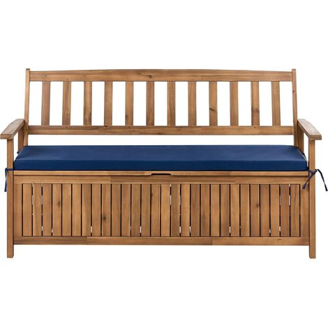 Outdoor Bench with Storage Brown Solid Acacia Wood Fabric 3 Seater 160 cm with Blue Cushion SOVANA (1/5)