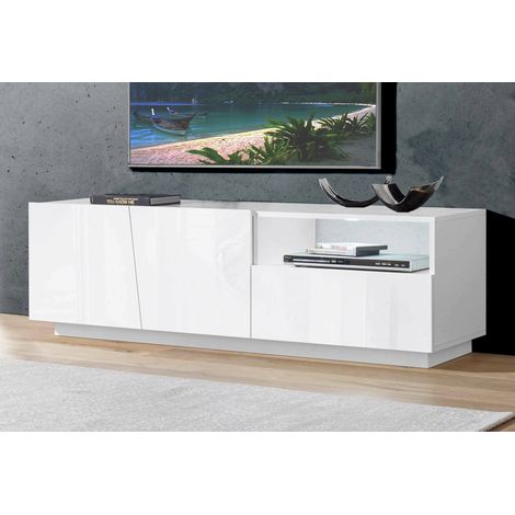 Dmora - Mueble de televisión Dlandon, Aparador bajo para salón con 2 puertas, base soporte TV, 100% Made in Italy, cm 150x43h46, Blanco brillo (1/5)