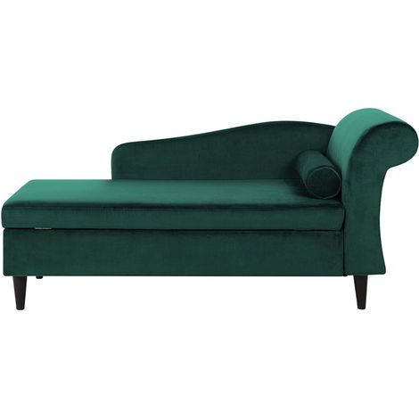 Chaise longue tapizado en terciopelo verde con almacenamiento versión derecha Luiro (1/5)