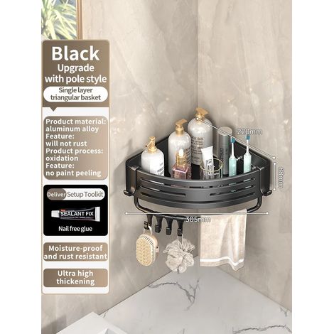 (JS68 triangle noir B) Étagère murale en aluminium pour salle de bain, rangement pour shampoing, organisateur de cuisine, sans perçage nécessaire. (1/5)