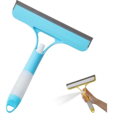 Grattoir à vitres 3 en 1, raclette à pulvérisation 3 en 1, avec brosse et flacon pulvérisateur intégré, outil de nettoyage de vitres tout usage (bleu) (1/5)