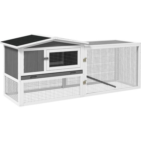 Kaninchenstall aus Tannenholz mit Asphaltdach 156 x 58 x 68 cm, hellgrau (1/3)