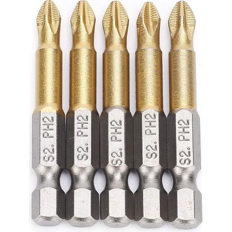 Set de 5Pcs 50mm PH2 1/4" Embouts de Vissage Magnétique Antidérapage Tournevis Queue Hex Tête Croix (1/5)